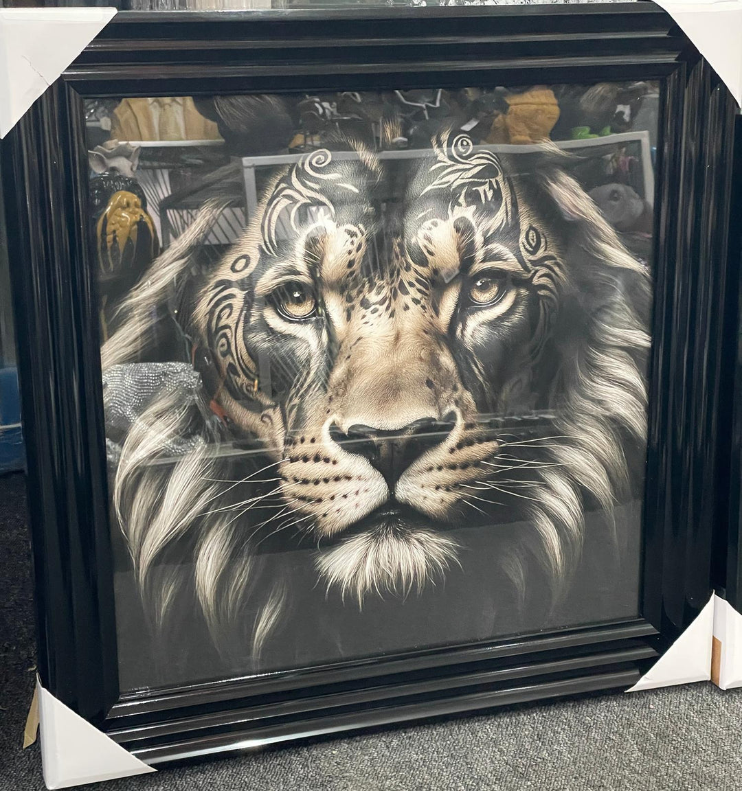 Lion & Tiger bold Tribal Tattoo Wall Art Jungle Animal Black Framed Picture