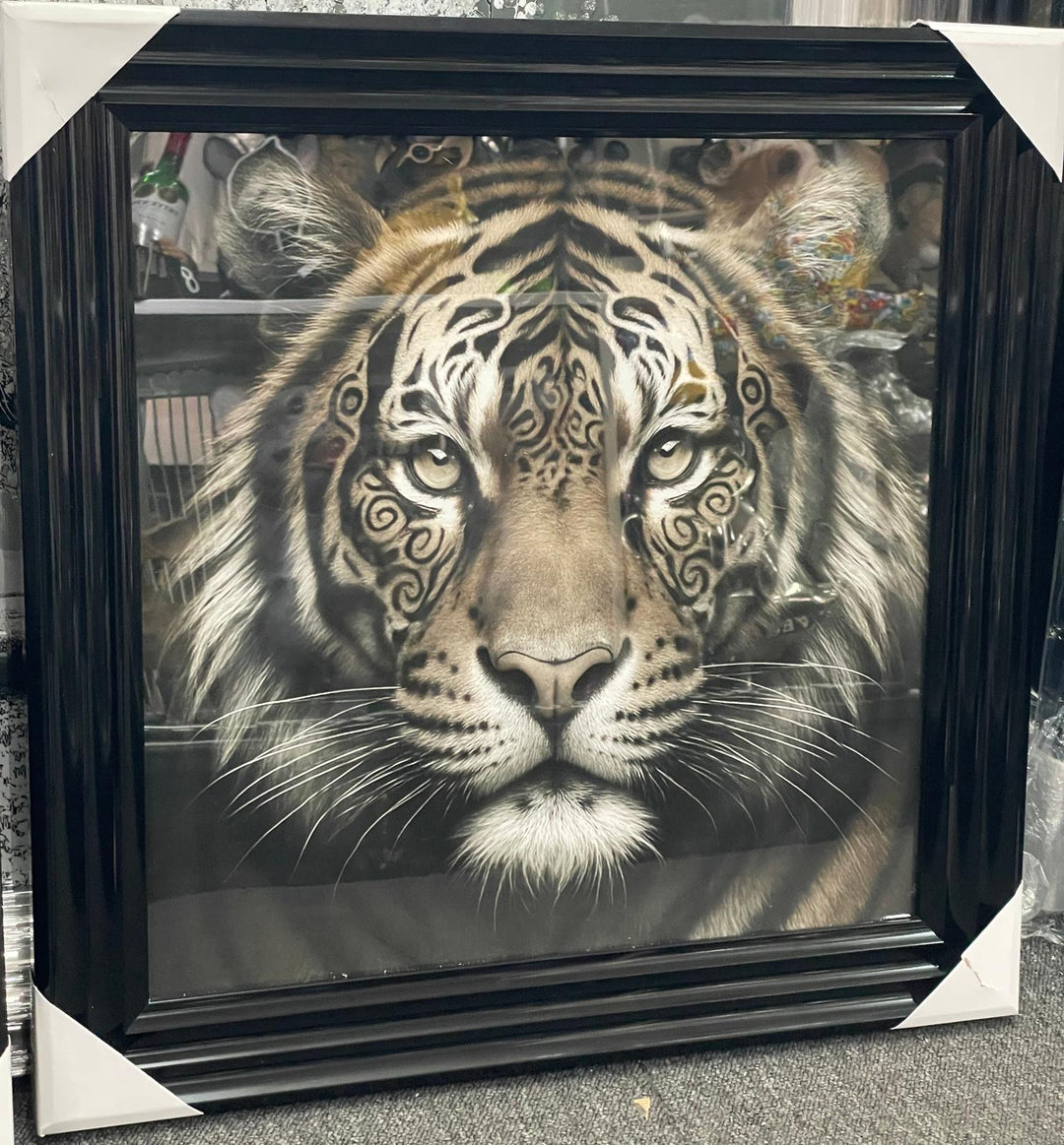 Lion & Tiger bold Tribal Tattoo Wall Art Jungle Animal Black Framed Picture