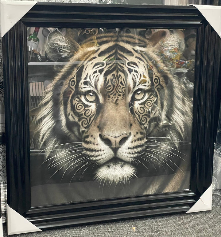 Lion & Tiger bold Tribal Tattoo Wall Art Jungle Animal Black Framed Picture