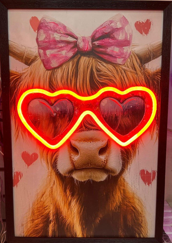 LED Light Up Canvas Picture girl balloon Highland cow Black Frame art USB Cable