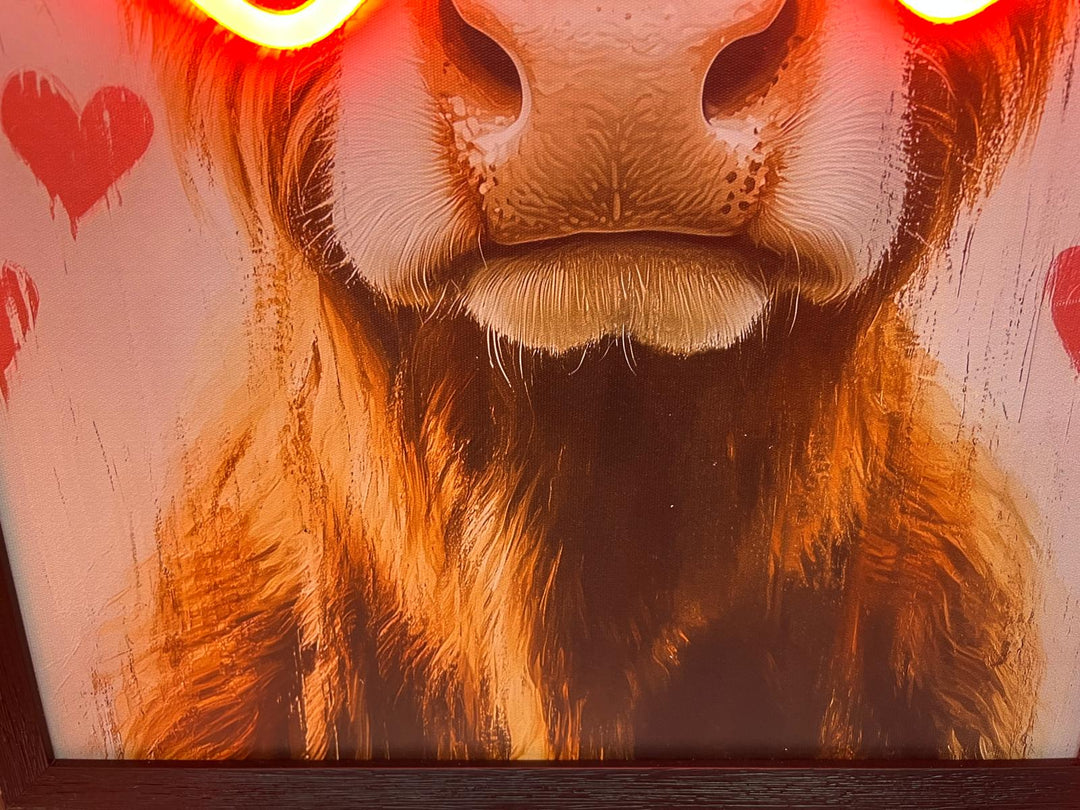 LED Light Up Canvas Picture girl balloon Highland cow Black Frame art USB Cable