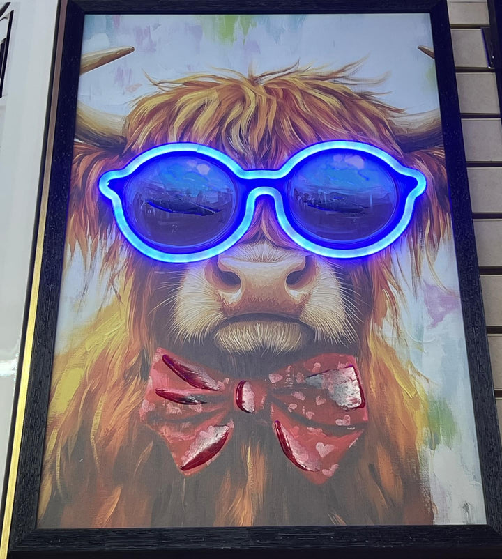 LED Light Up Canvas Picture girl balloon Highland cow Black Frame art USB Cable