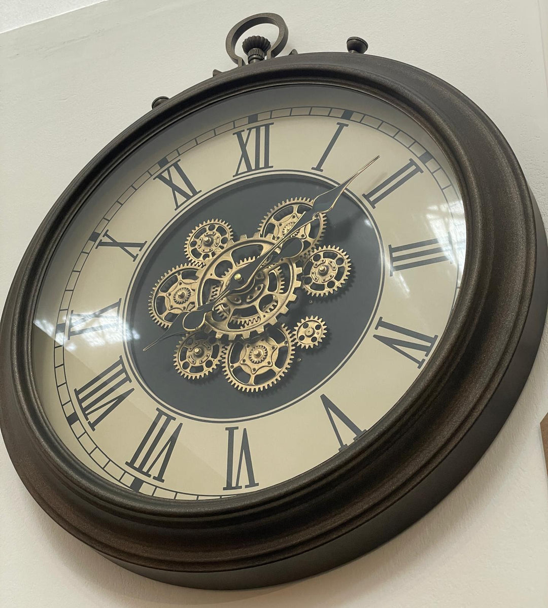 Black, rustic, Bronze Wall Clock with Moving Cogs and Roman Numerals Vintage Style