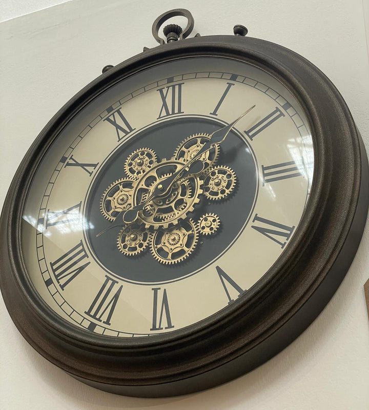 Black, rustic, Bronze Wall Clock with Moving Cogs and Roman Numerals Vintage Style