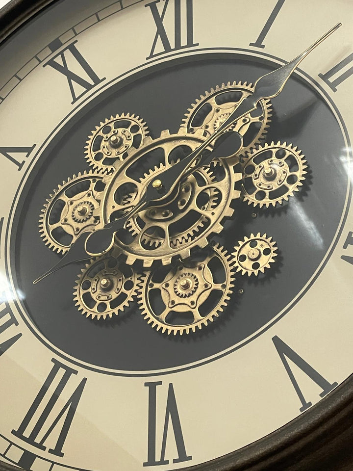 Black, rustic, Bronze Wall Clock with Moving Cogs and Roman Numerals Vintage Style