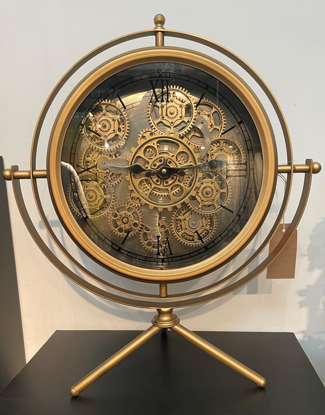 Black and Gold Wall Clock with Moving Cogs and Roman Numerals – Vintage Style