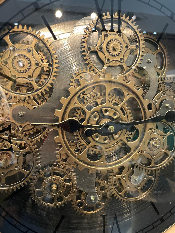Black and Gold Wall Clock with Moving Cogs and Roman Numerals – Vintage Style