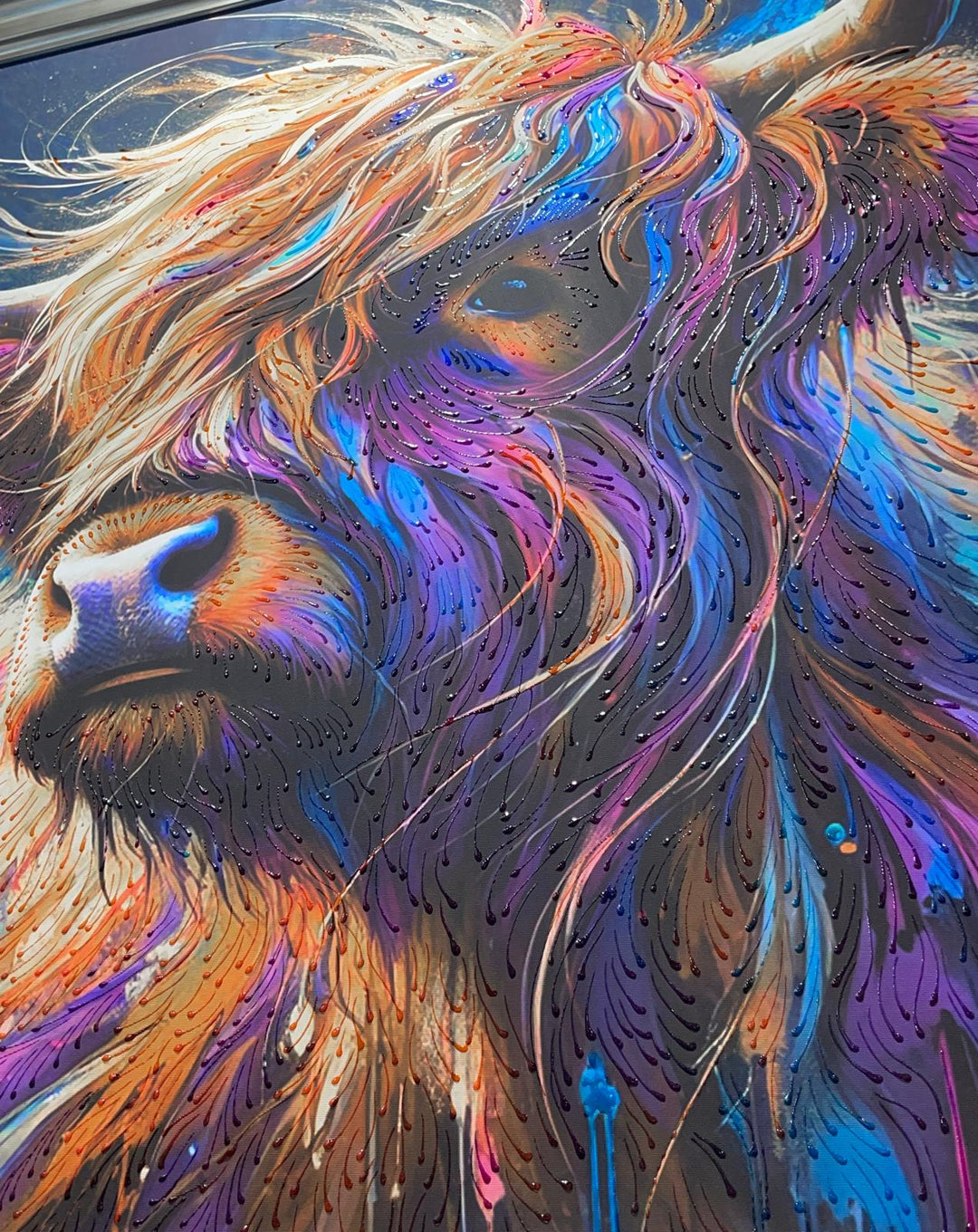Vibrant Highland Cow face Wall Art with Champagne Frame & liquid art picture