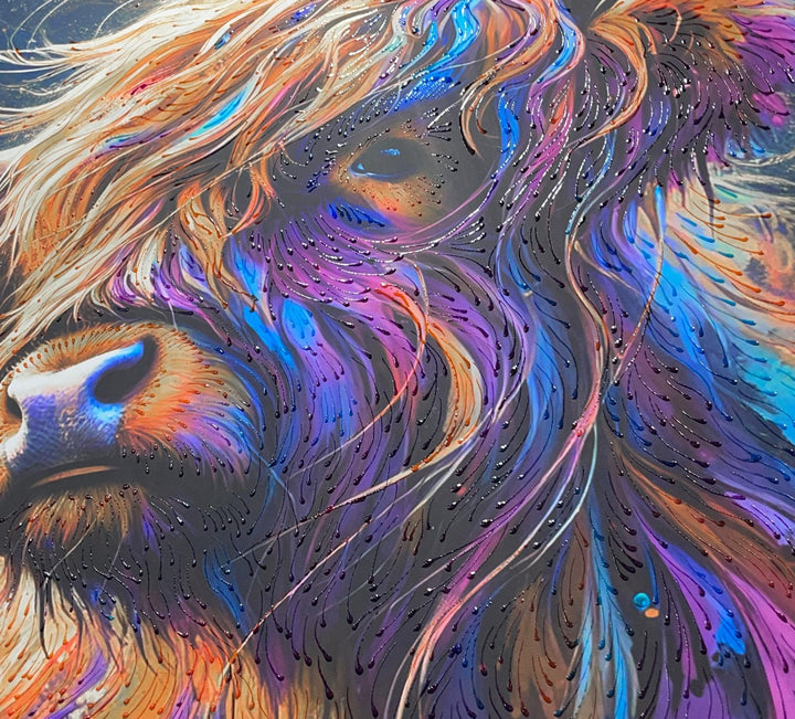Vibrant Highland Cow face Wall Art with Champagne Frame & liquid art picture