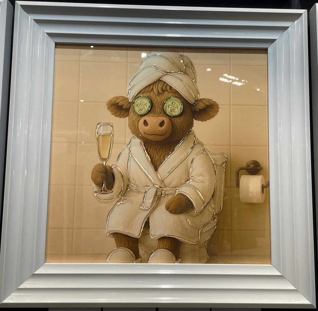 Moo Highland Cow Guest in Bathroom pamper style robes, facial quirky pictures