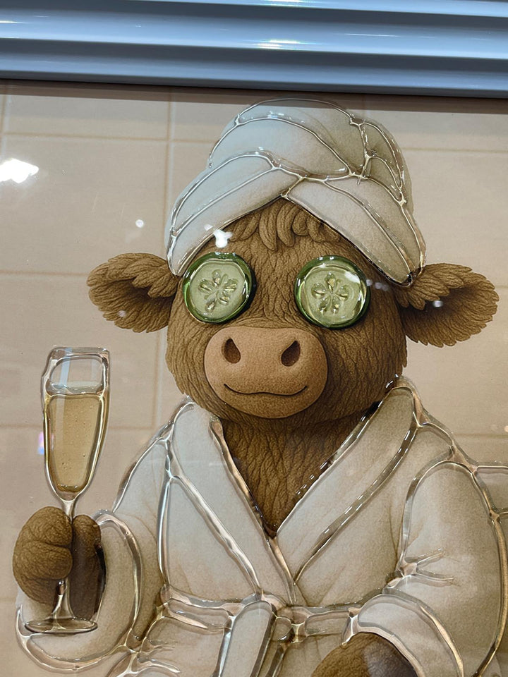 Moo Highland Cow Guest in Bathroom pamper style robes, facial quirky pictures