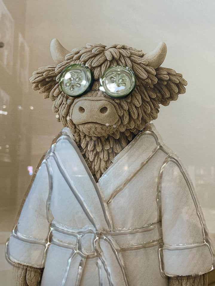Moo Highland Cow Guest in Bathroom pamper style robes, facial quirky pictures