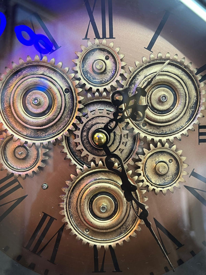 Black and Gold Wall Clock with Moving Cogs and Roman Numerals – Vintage Style