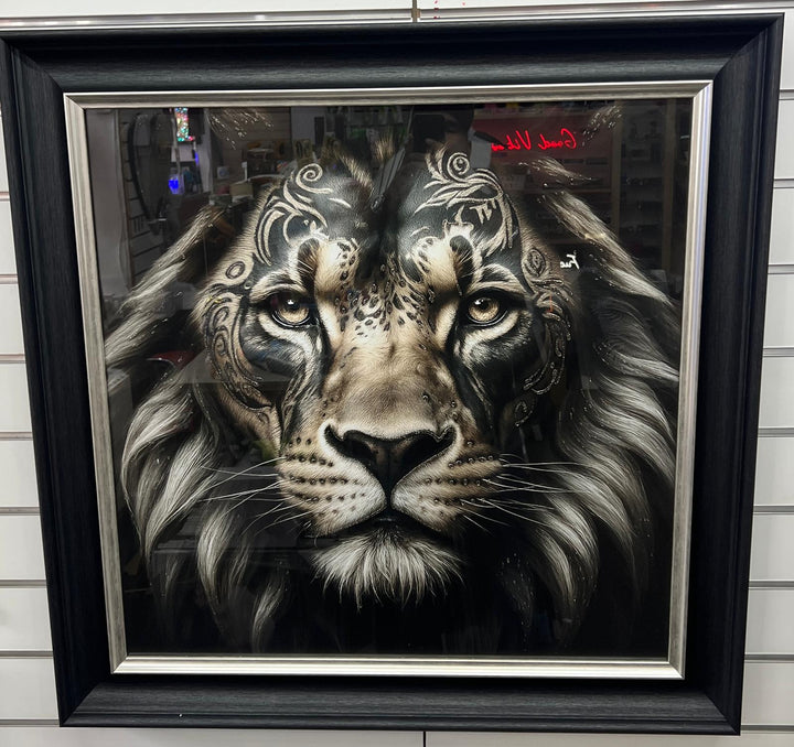 Lion & Tiger bold Tribal Tattoo Wall Art Jungle Animal Black Framed Picture