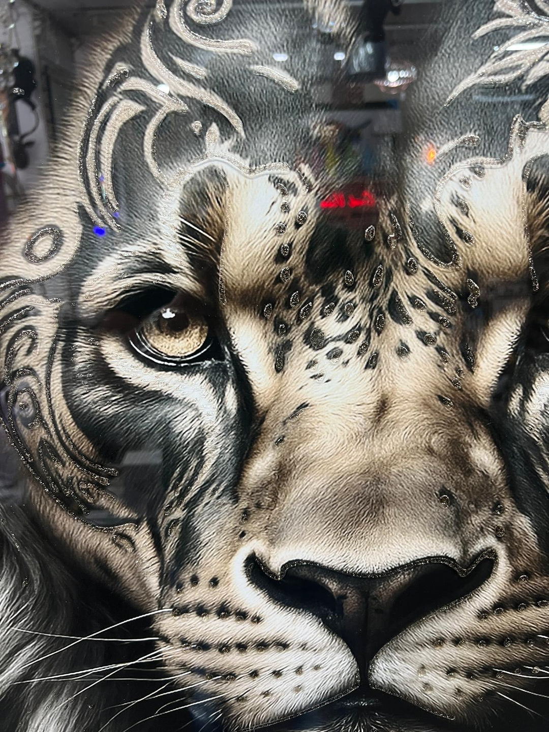 Lion & Tiger bold Tribal Tattoo Wall Art Jungle Animal Black Framed Picture