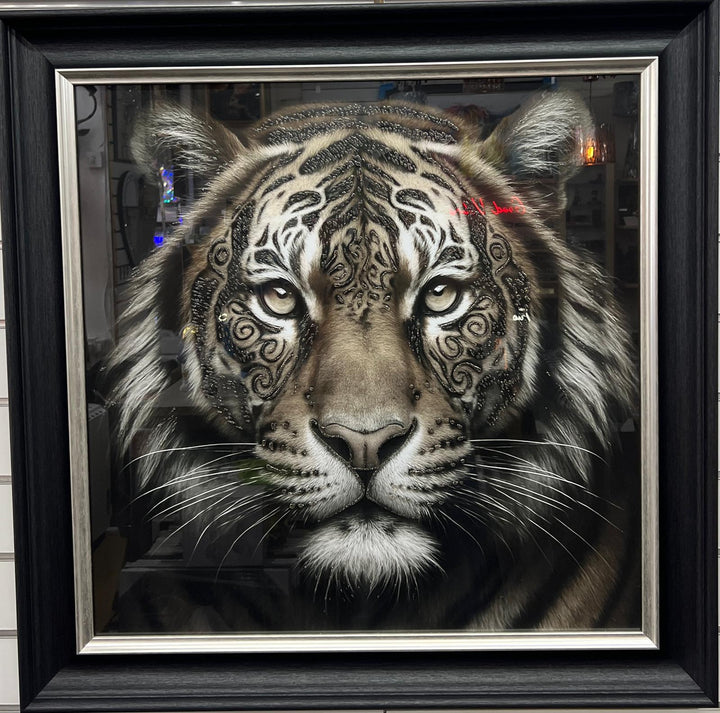 Lion & Tiger bold Tribal Tattoo Wall Art Jungle Animal Black Framed Picture