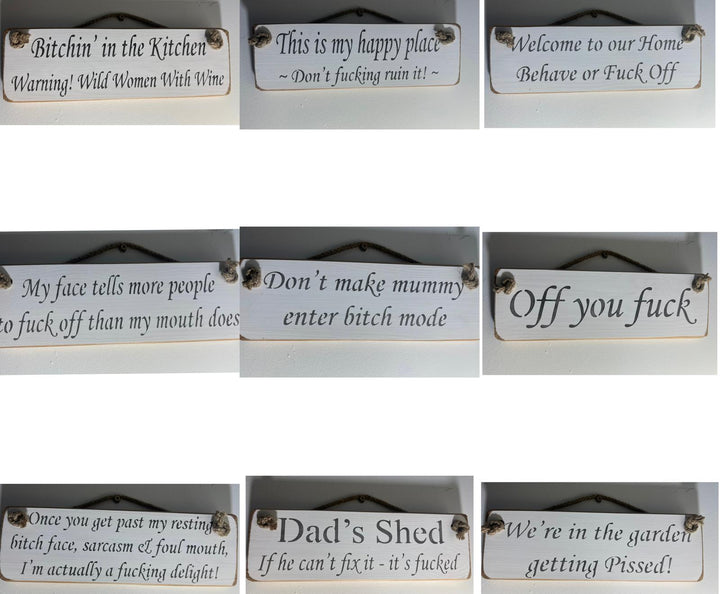 Quirky & Funny Natural Wooden Rope Hanging Wall Art plaques white hand painted