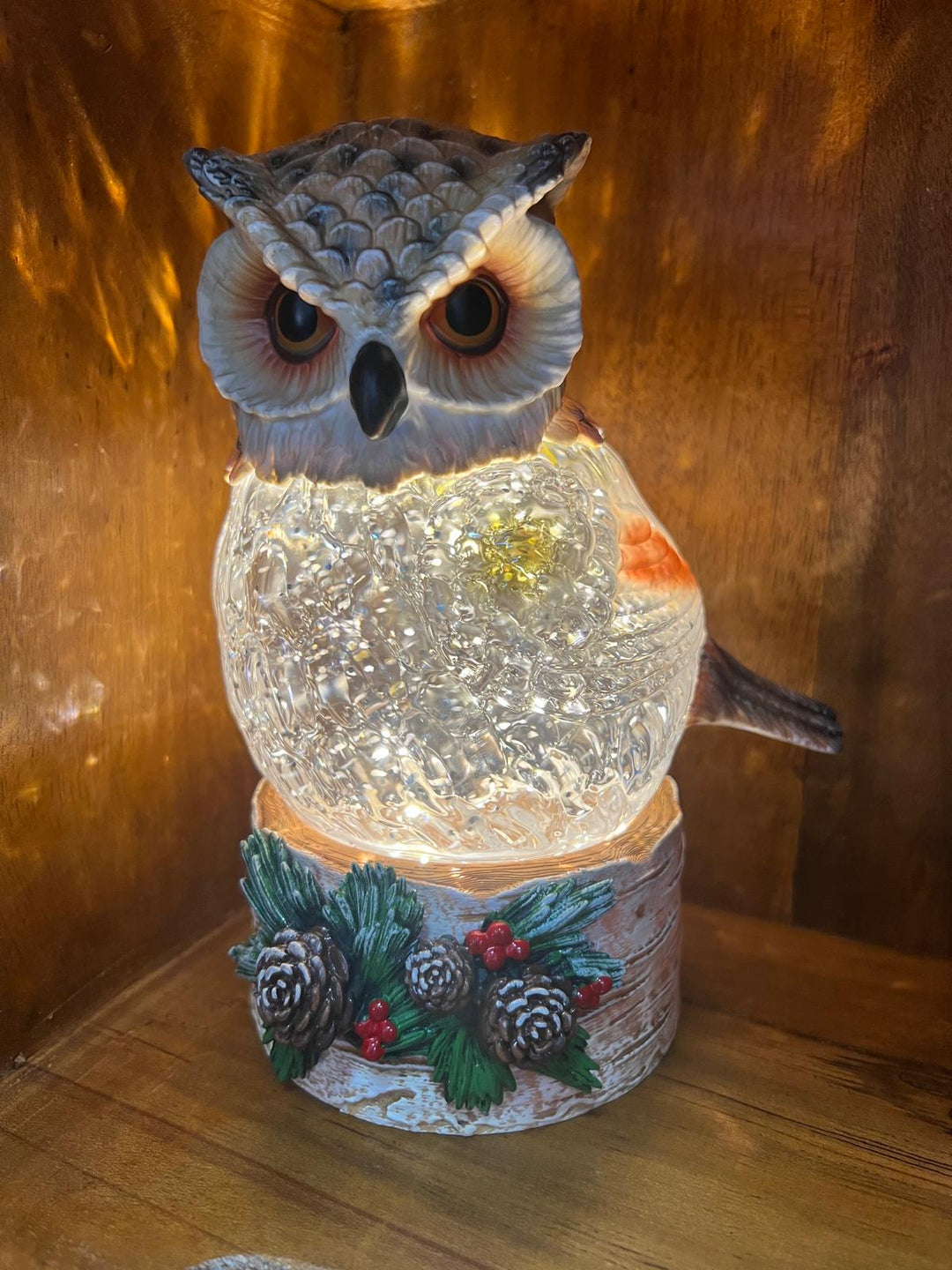 Owl Water Spinner Christmas Decoration Soothing Light-Up Festive Centrepiece