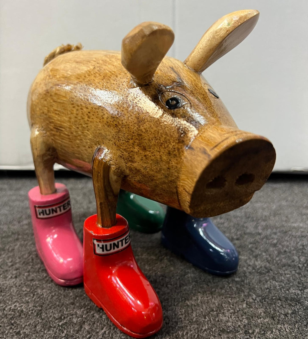 Wooden Pig Ornament in Colourful Wellies Wine Bottle Holder & ornaments