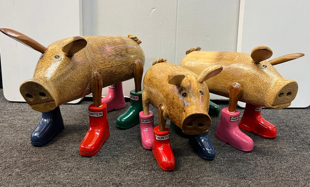 Wooden Pig Ornament in Colourful Wellies Wine Bottle Holder & ornaments
