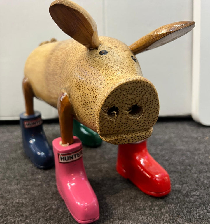 Wooden Pig Ornament in Colourful Wellies Wine Bottle Holder & ornaments