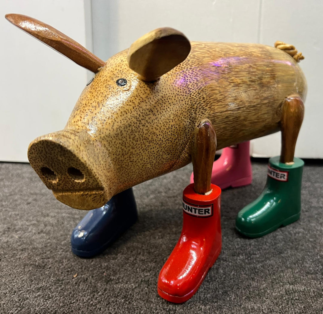 Wooden Pig Ornament in Colourful Wellies Wine Bottle Holder & ornaments