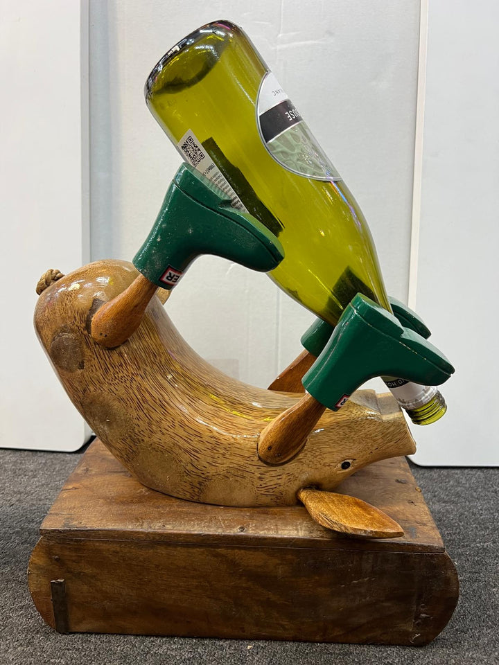 Wooden Pig Ornament in Colourful Wellies Wine Bottle Holder & ornaments