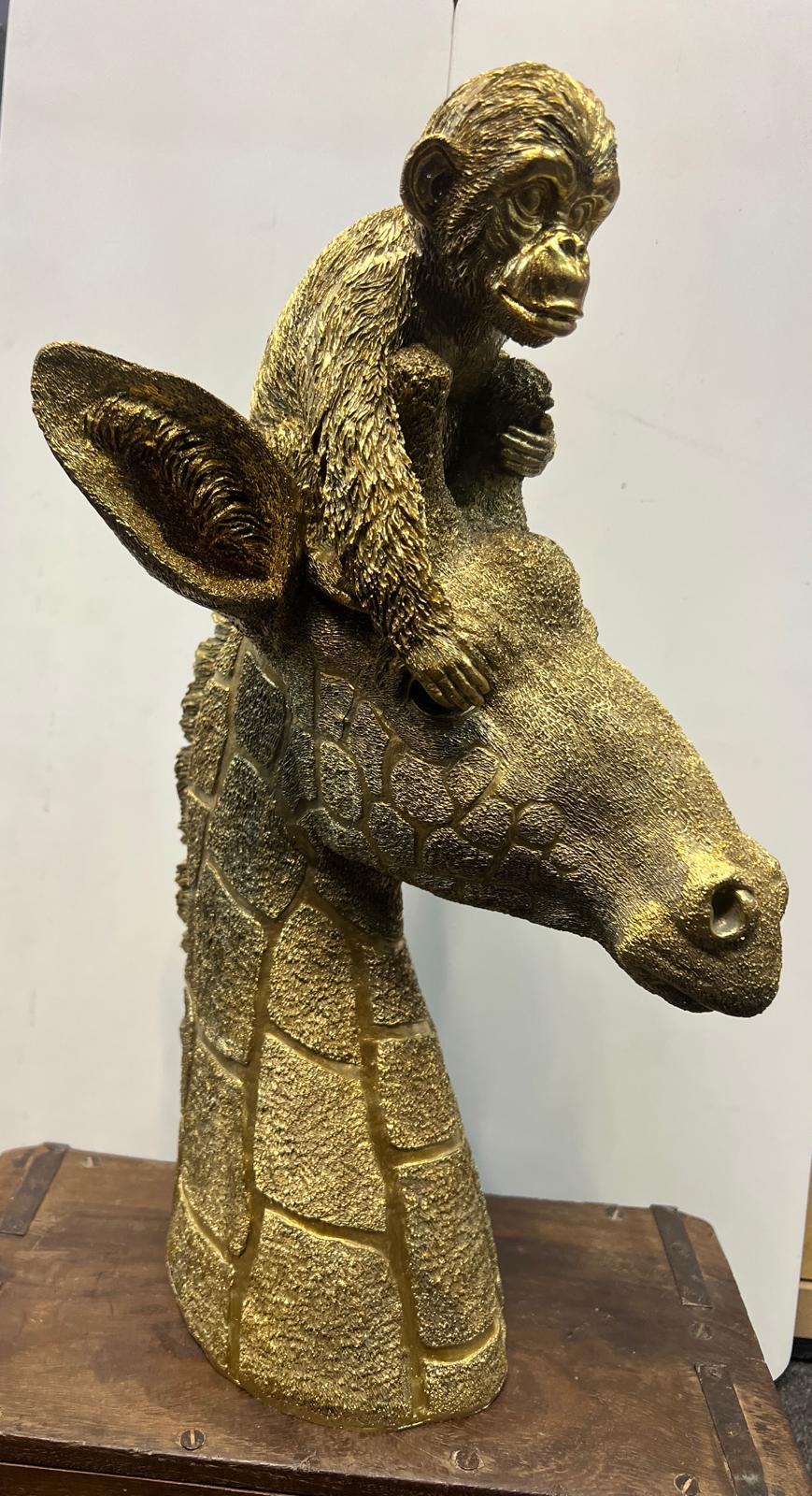 Monkey Sitting on Giraffe's Head Gold Resin Ornament – Unique Jungle Animal Décor