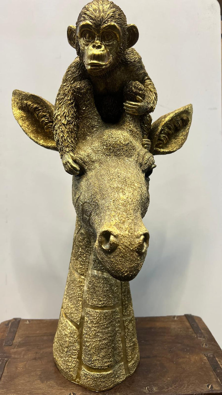 Monkey Sitting on Giraffe's Head Gold Resin Ornament – Unique Jungle Animal Décor