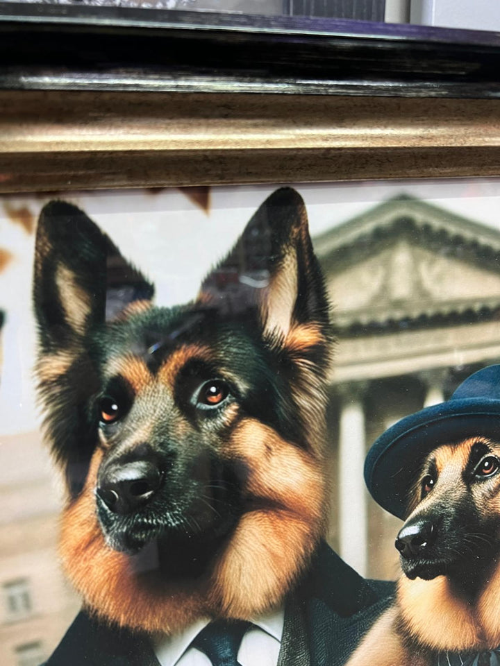 Black & Gold framed German Shepperd couple in suit picture-quirky wall art