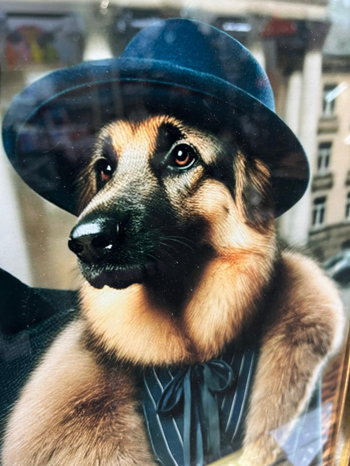 Black & Gold framed German Shepperd couple in suit picture-quirky wall art