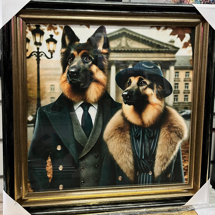 Black & Gold framed German Shepperd couple in suit picture-quirky wall art