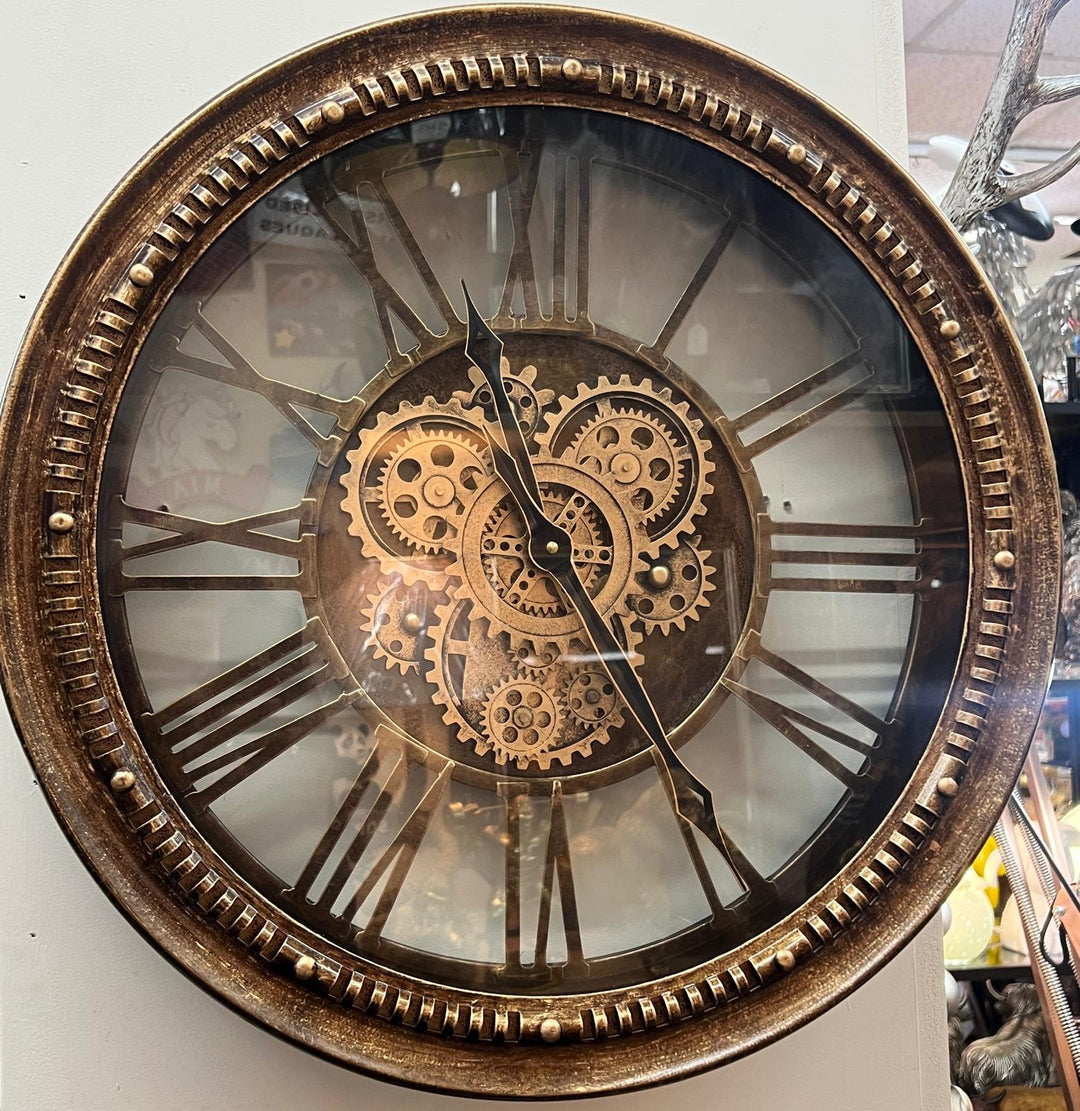 Black, rustic, Bronze Wall Clock with Moving Cogs and Roman Numerals Vintage Style