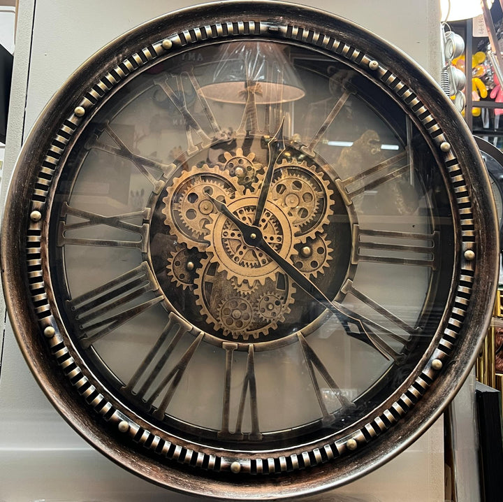 Black, rustic, Bronze Wall Clock with Moving Cogs and Roman Numerals Vintage Style