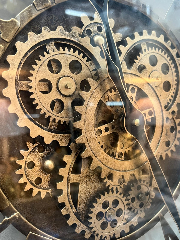 Black, rustic, Bronze Wall Clock with Moving Cogs and Roman Numerals Vintage Style