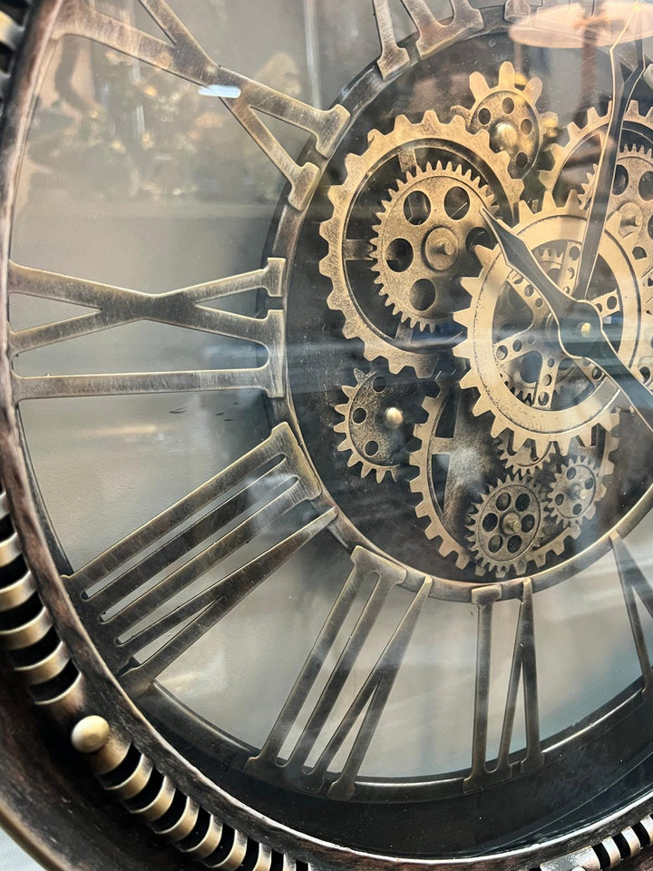 Black, rustic, Bronze Wall Clock with Moving Cogs and Roman Numerals Vintage Style