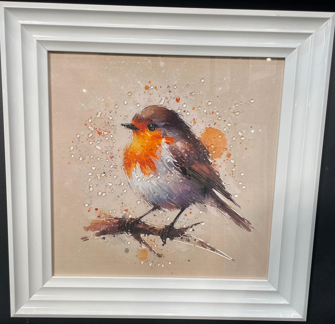 Robin Bird White Step Framed Picture wall art décor with fitments single or pair