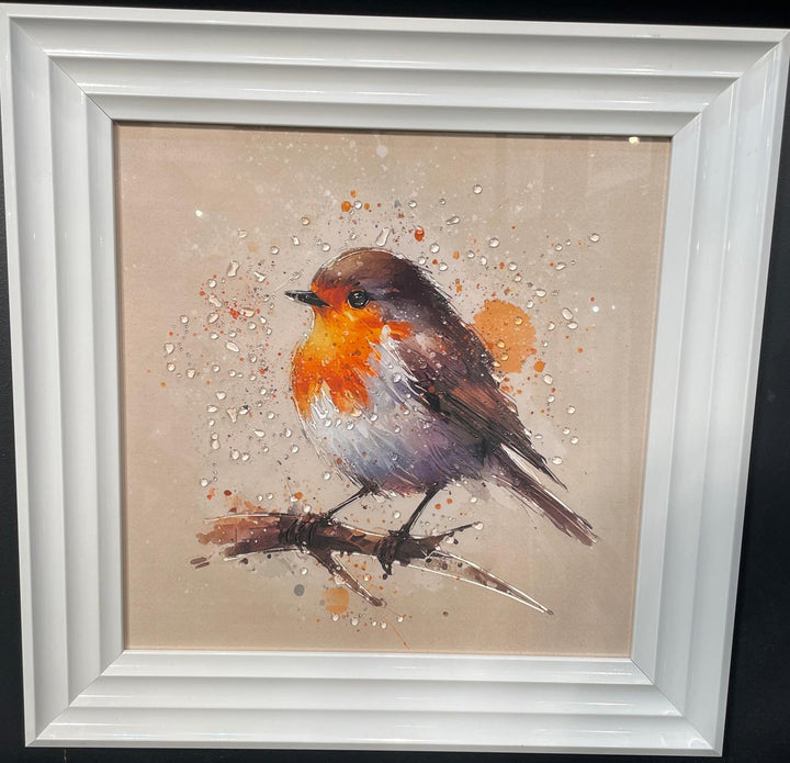 Robin Bird White Step Framed Picture wall art décor with fitments single or pair