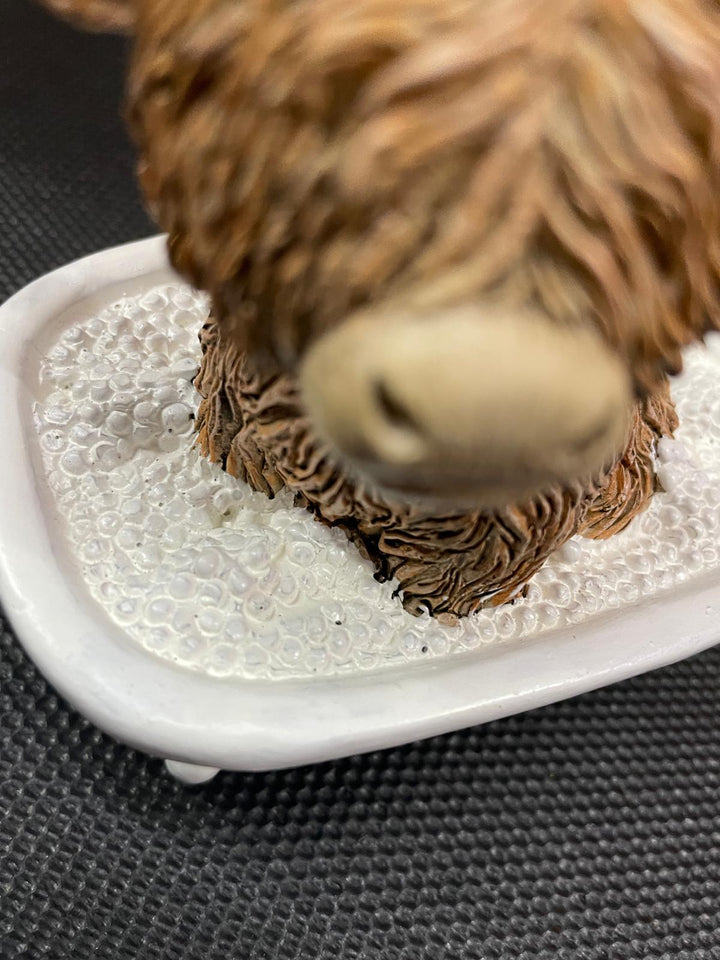 Highland cow in tub & toilet reading book quirky resin ornament