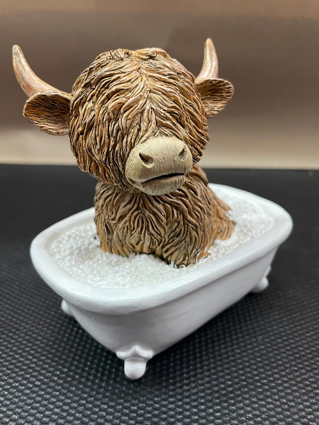 Highland cow in tub & toilet reading book quirky resin ornament
