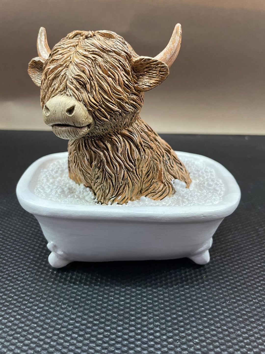 Highland cow in tub & toilet reading book quirky resin ornament