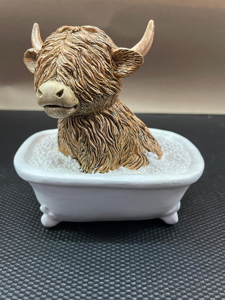 Highland cow in tub & toilet reading book quirky resin ornament