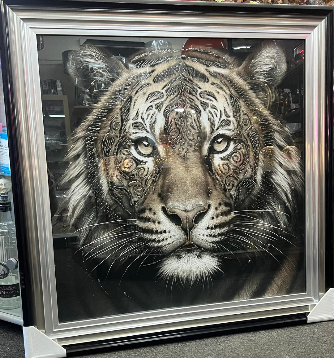Tiger bold Tribal face Tattoo Wall Art Jungle Black Silver Framed Picture
