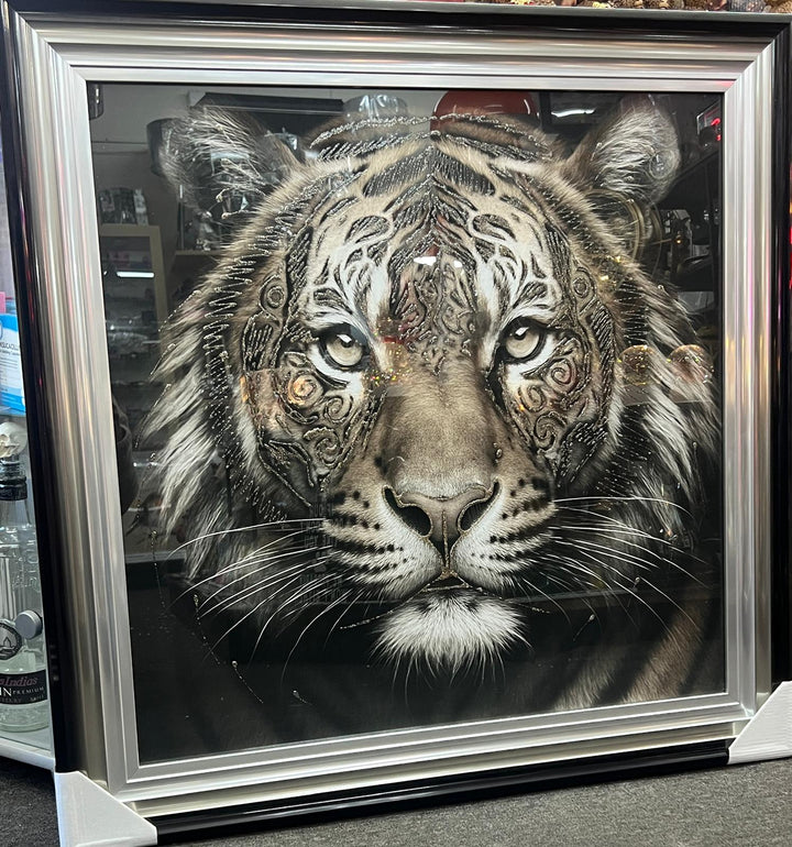 Tiger bold Tribal face Tattoo Wall Art Jungle Black Silver Framed Picture