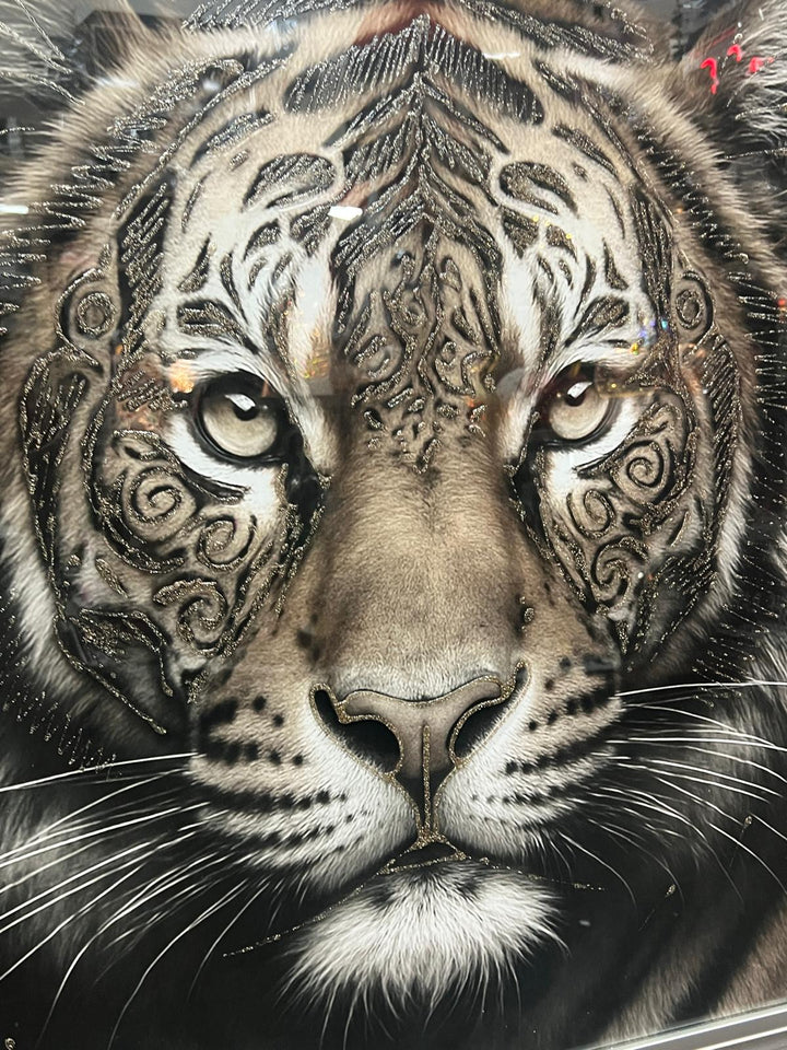 Tiger bold Tribal face Tattoo Wall Art Jungle Black Silver Framed Picture