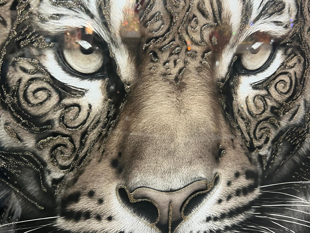 Tiger bold Tribal face Tattoo Wall Art Jungle Black Silver Framed Picture