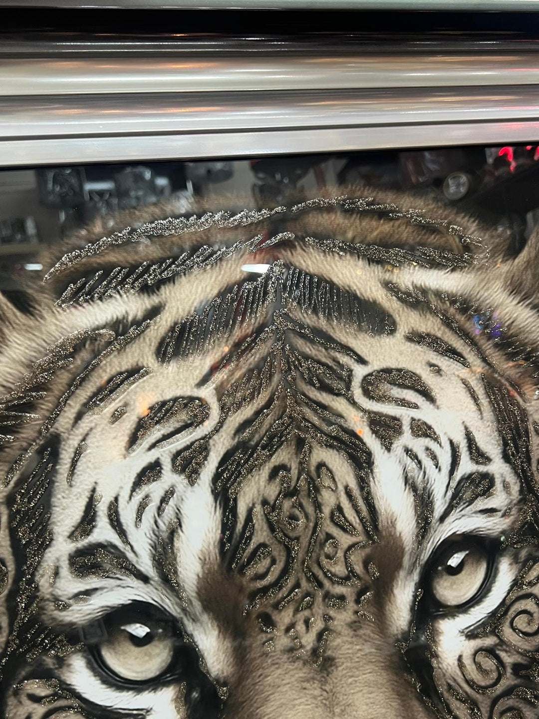 Tiger bold Tribal face Tattoo Wall Art Jungle Black Silver Framed Picture