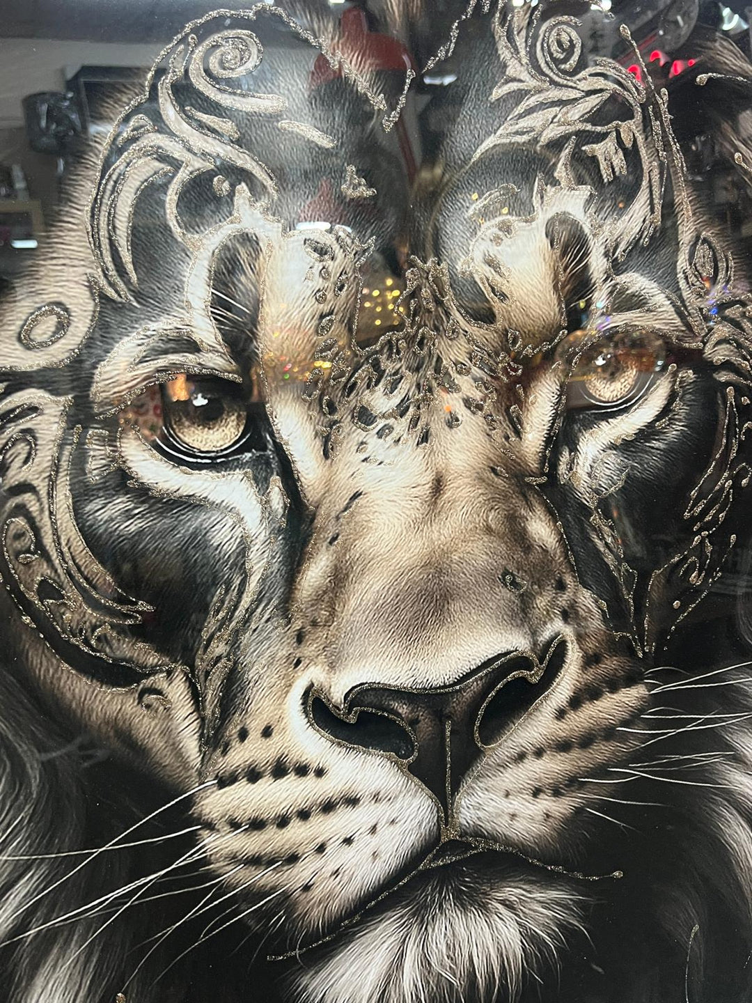 Lion bold Tribal face Tattoo Wall Art Jungle Black Silver Framed Picture