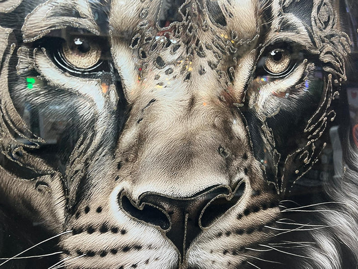 Lion bold Tribal face Tattoo Wall Art Jungle Black Silver Framed Picture