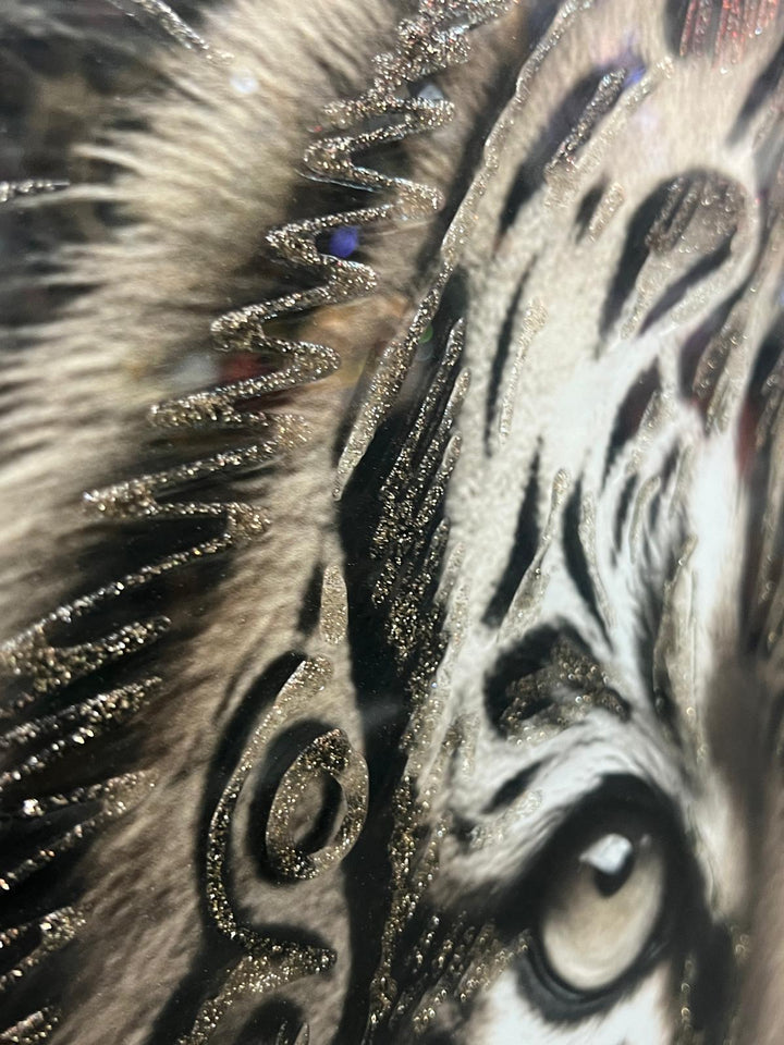 Lion bold Tribal face Tattoo Wall Art Jungle Black Silver Framed Picture